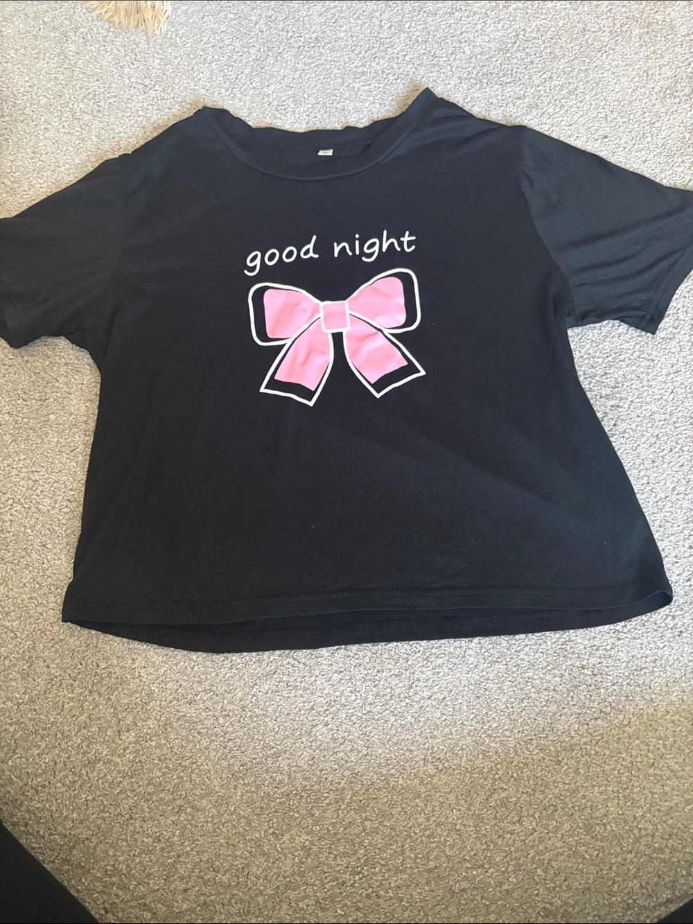 SHEIN Black Short-Sleeve Tee with Pink Bow and 'good night' Graphic